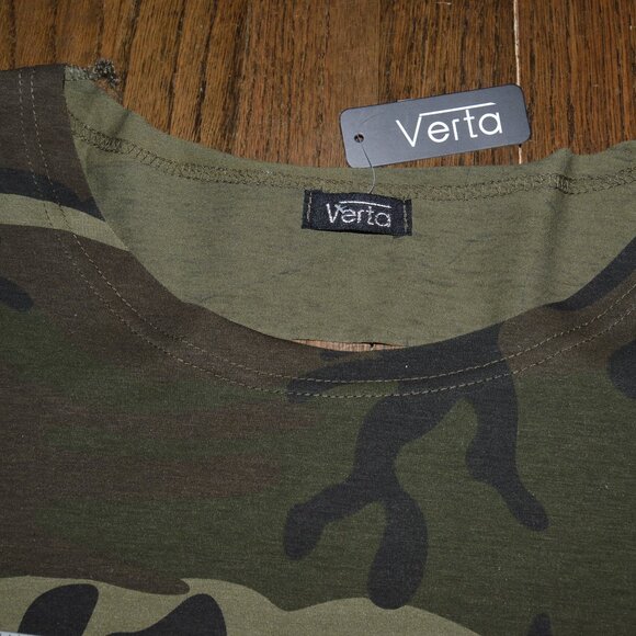 Verta Distressed Ripped fringed Olive Brown Camo Tee Shirt NW Large - Picture 7 of 10